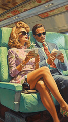 Obraz na płótnie Canvas Generative AI Couple sitting on a bus and drinking wine. Vintage style.