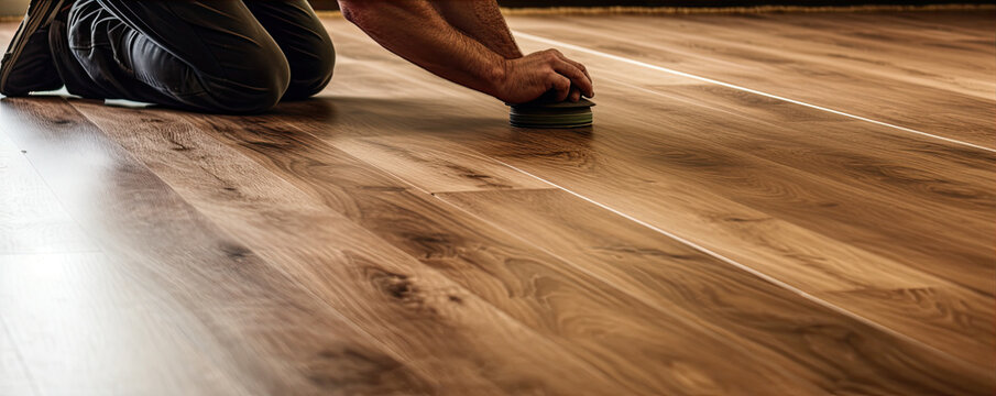 Installation of laminate flooring, detail of men's hands when working on a new floor. generative ai