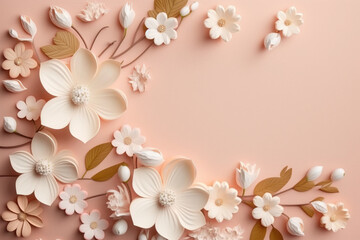 Fototapeta na wymiar paper сut flowers on a pink background warm color palette composition