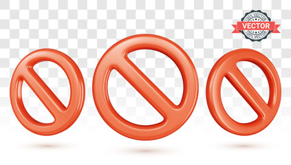 Set of forbidden traffic signs or prohibition icons. Red No signs in three-quarter front view and front view. Realistic 3D vector illustration on transparent background