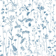 Obraz premium Hand painted watercolor meadow herbs and flowers seamless pattern. Floral dynamic ornament great for textile or wrapping paper. Illustration in monochrome blue tones.