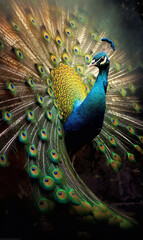 Obraz premium Generative AI Beautiful peacock with feathers out, close-up photo.