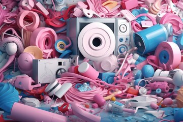abstract stylized digital background with huge heap of useless things, consumerism concept, ai tools generated image