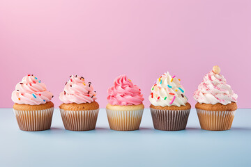 Colorful Cupcakes with Whipped Cream and Sprinkles on Top on Pink Background Generative AI