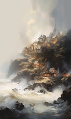 Generative AI Digital painting of a house on a cliff in a foggy sea