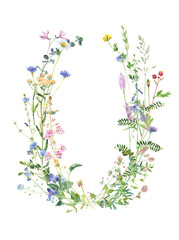 Watercolor frame with herbs and wildflowers. Free space for your text design. Great for label designs, cards and invitations. Delicate botanical painting in vintage style.
