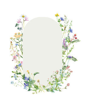 Watercolor wild flowers oval frame in vintage style