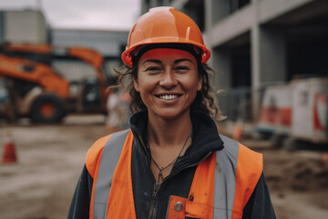 Portrait of a woman worker in an orange helmet. Generative Ai