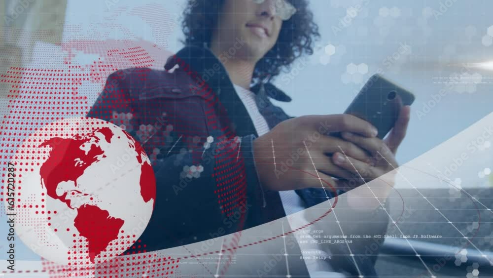 Poster animation of globes and computer language over low angle view of biracial man using cellphone