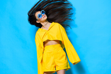 woman young fashion beautiful girl sunglasses lifestyle attractive trendy yellow lady