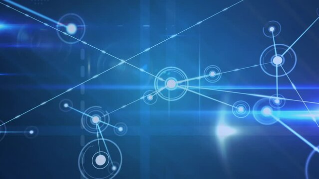 Animation of dots connected with lines over lens flares against blue background