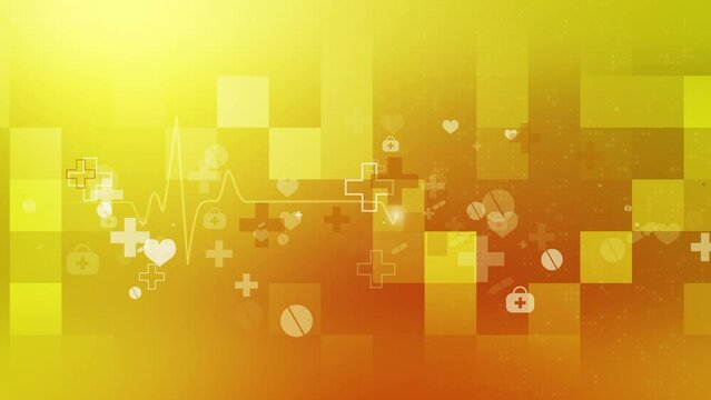 Abstract medical yellow background with health care symbols icons. Heart cardiogram infographic. Animation of pixels and squares. Looped animation.