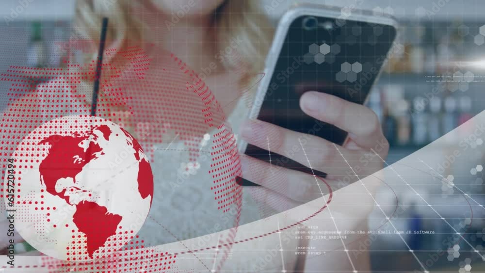 Poster animation of globes and computer language over midsection of caucasian woman using smartphone