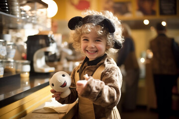 Happy girl in barista costume with Generative AI