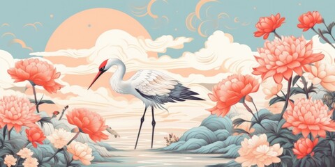 watercolor texture Japanese background with stork  made with Generative AI