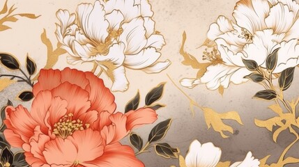 Watercolor texture Japanese background with peony flower made with Generative AI