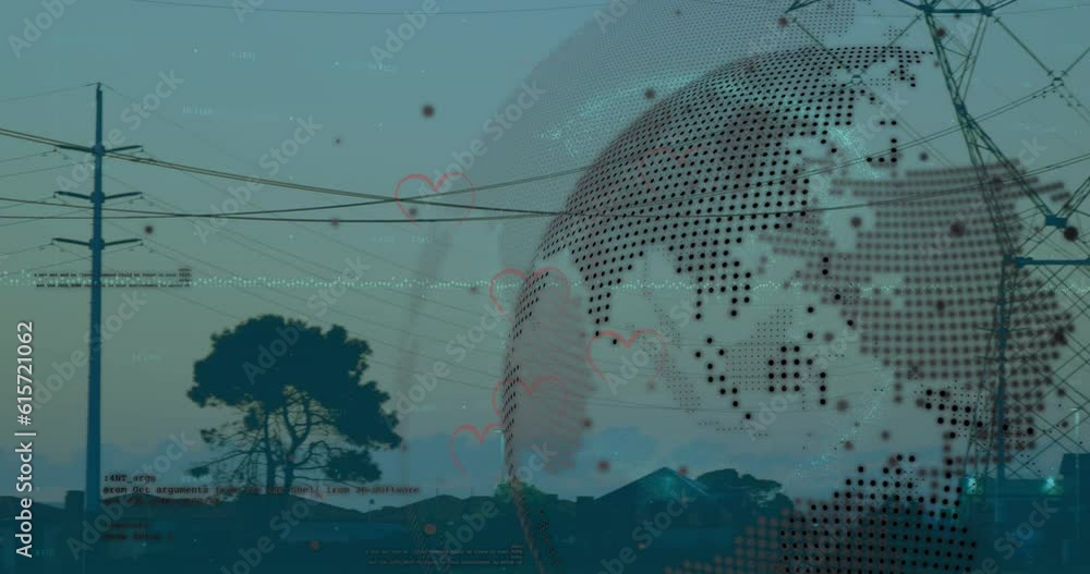 Aufkleber animation of globe and computer language over transmission towers on green field against sky