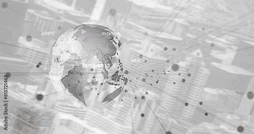 Aufkleber animation of changing numbers around globe and dots over modern city in background