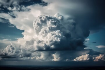 Naklejka na ściany i meble Stormy cumulus clouds view. Dramatic sky before a thunder. Generative AI.