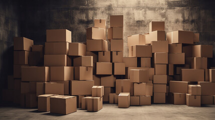 blank cardboard boxes in warehouse. generative Ai