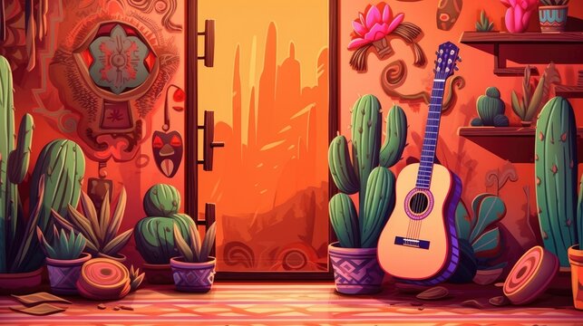 A cactus and guitar with Mexican flair in an image. (Illustration, Generative AI)