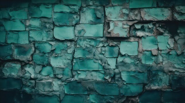 Blue green stone wall background. Toned masonry texture wallpaper background. Generative AI.