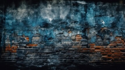 Dark blue old brick wall. 
Close-up. Collapsing brickwork. Brick wallpaper background. Generative AI.