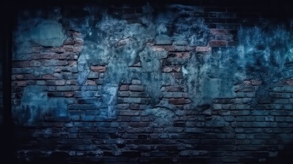 Dark blue old brick wall. 
Close-up. Collapsing brickwork. Brick wallpaper background. Generative AI.