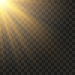 Vector transparent light beams. Light png. Special flash light effect. Glowing sunbeams effect, bright sun or spotlight beams. Decor element isolated on transparent background.