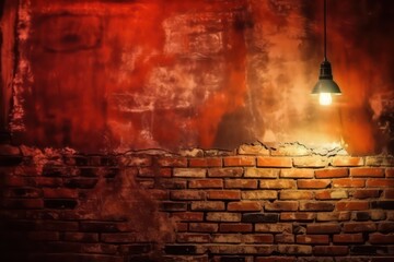 Light on an old brick wall.Red grunge background. Old painted wallpaper background. Generative AI.