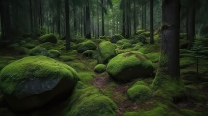 Mountain landscape. Large stones overgrown with green moss. Generative AI.