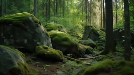 Mountain landscape. Large stones overgrown with green moss. Generative AI.