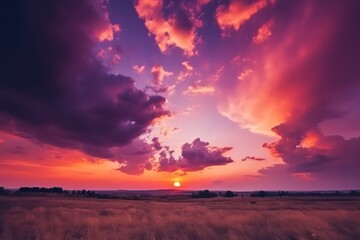 Fototapeta na wymiar Purple orange sunset. Evening sky with clouds. Beautiful sky wallpaper background. Generative AI.