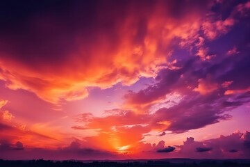 Purple orange sunset. Evening sky with clouds. Beautiful sky wallpaper background. Generative AI.