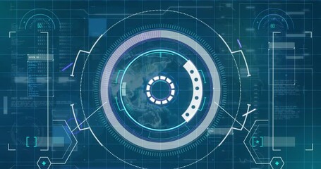 Animation of arc reactor over loading bars over rotating globes against abstract background - Powered by Adobe