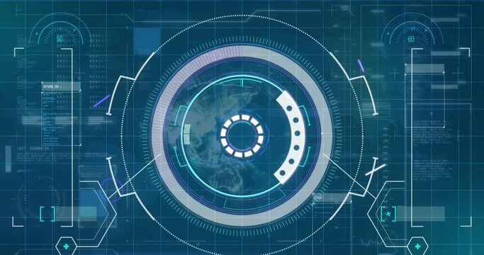 Animation of arc reactor over loading bars over rotating globes against abstract background