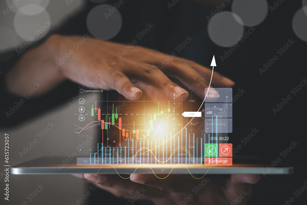 Poster businessman showcasing a virtual hologram of financial data with a rising arrow on a dark background