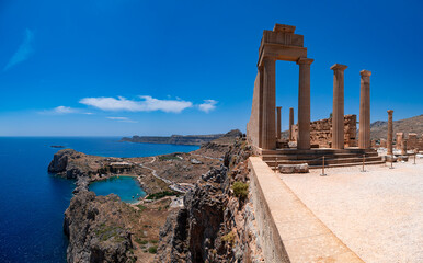 Panoramic view of the Acropolis of Lindos and Temple of Athena Lindia near the town of Lindos on the island of Rhodes, Greece