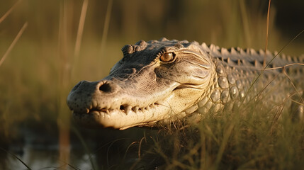 Fototapeta premium Nile Crocodile in Tropical Grasslands. Generative AI