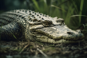 Nile Crocodile in Tropical Grasslands. Generative AI