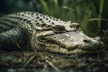 Obraz premium Nile Crocodile in Tropical Grasslands. Generative AI
