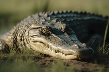 Obraz premium Nile Crocodile in Tropical Grasslands. Generative AI