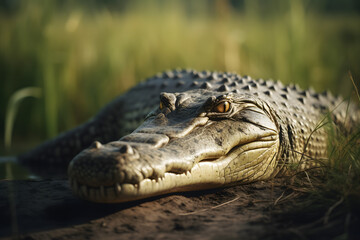 Obraz premium Nile Crocodile in Tropical Grasslands. Generative AI