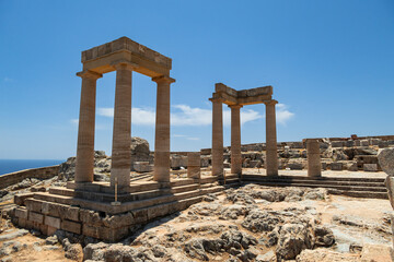 Views of the Acropolis of Lindos and Temple of Athena Lindia near the town of Lindos on the island...