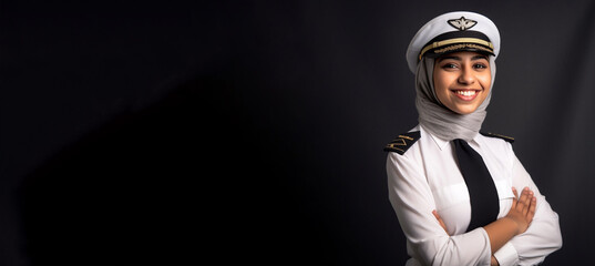 Obraz premium a smiling young woman wearing pilot clothes in dark grey background generative ai