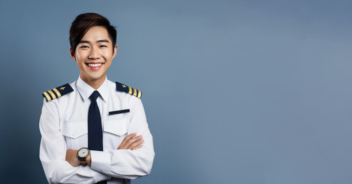 a smiling young men wearing pilot clothes in blue background generative ai