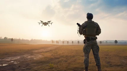 Tuinposter Soldier on the battlefield with military drone. © bedya