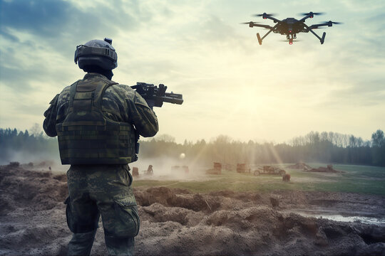 Soldier on the battlefield with military drone.
