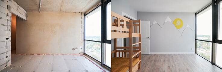 Old apartment room with brick wall and new renovated flat with parquet floor and kid house bed. Comparison of children room with wooden bunk bed before and after renovation.