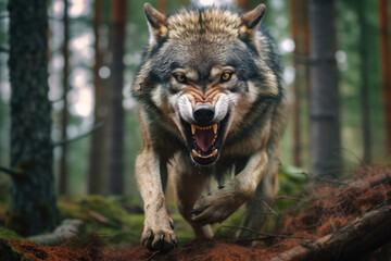 Gefährlicher aggressiver Wolf greift im Wald an, KI-generierter Inhalt